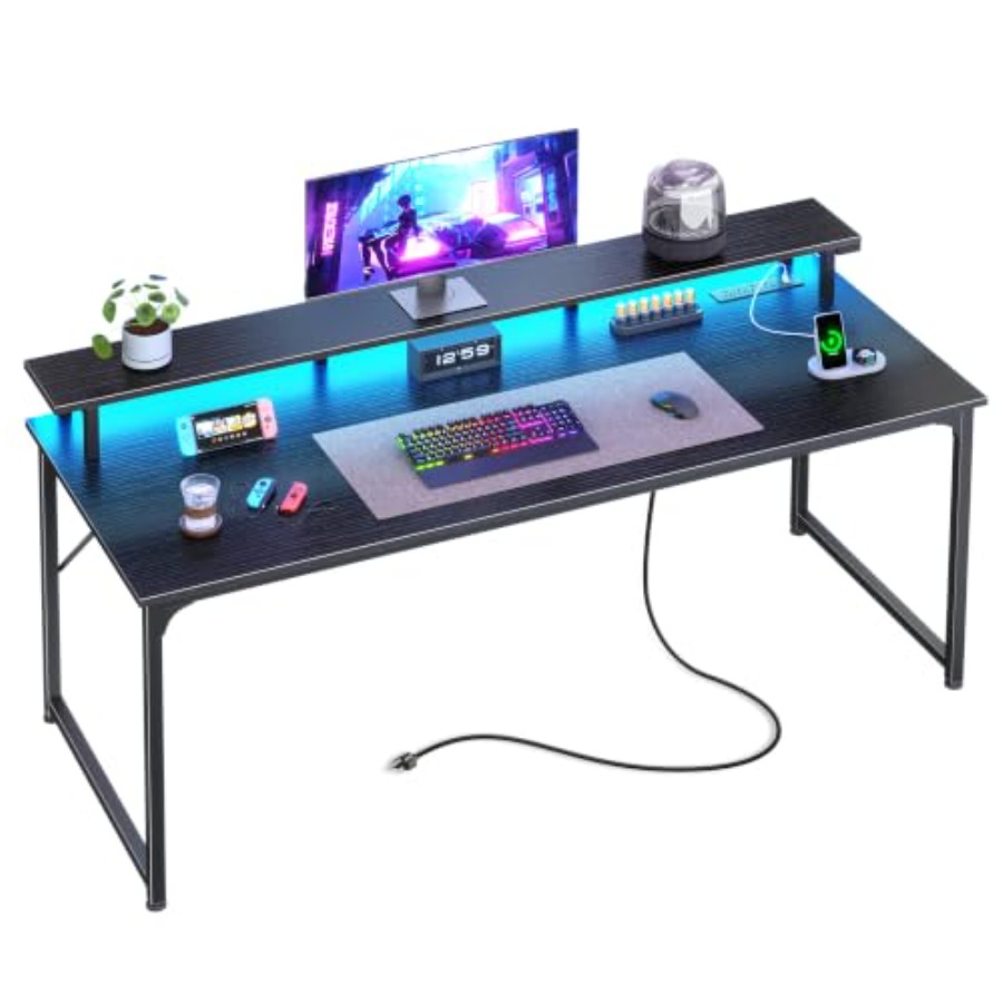 Desk Setup Black And Wood - Игровой стол с LED-подсветкой и встроенными