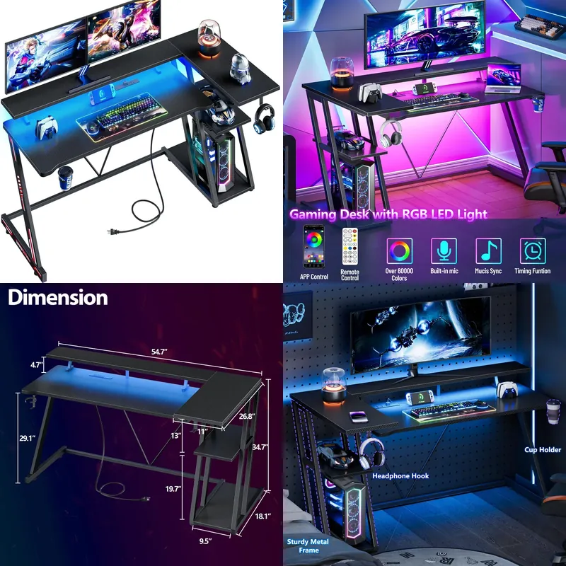 Desk Setup Black And Wood - Черный угловой игровой стол из углеродного