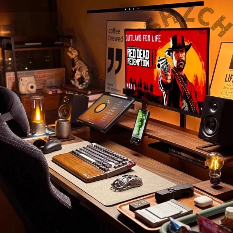Desk Setup With Laptop And Monitor - Модульная подставка для монитора из орехового